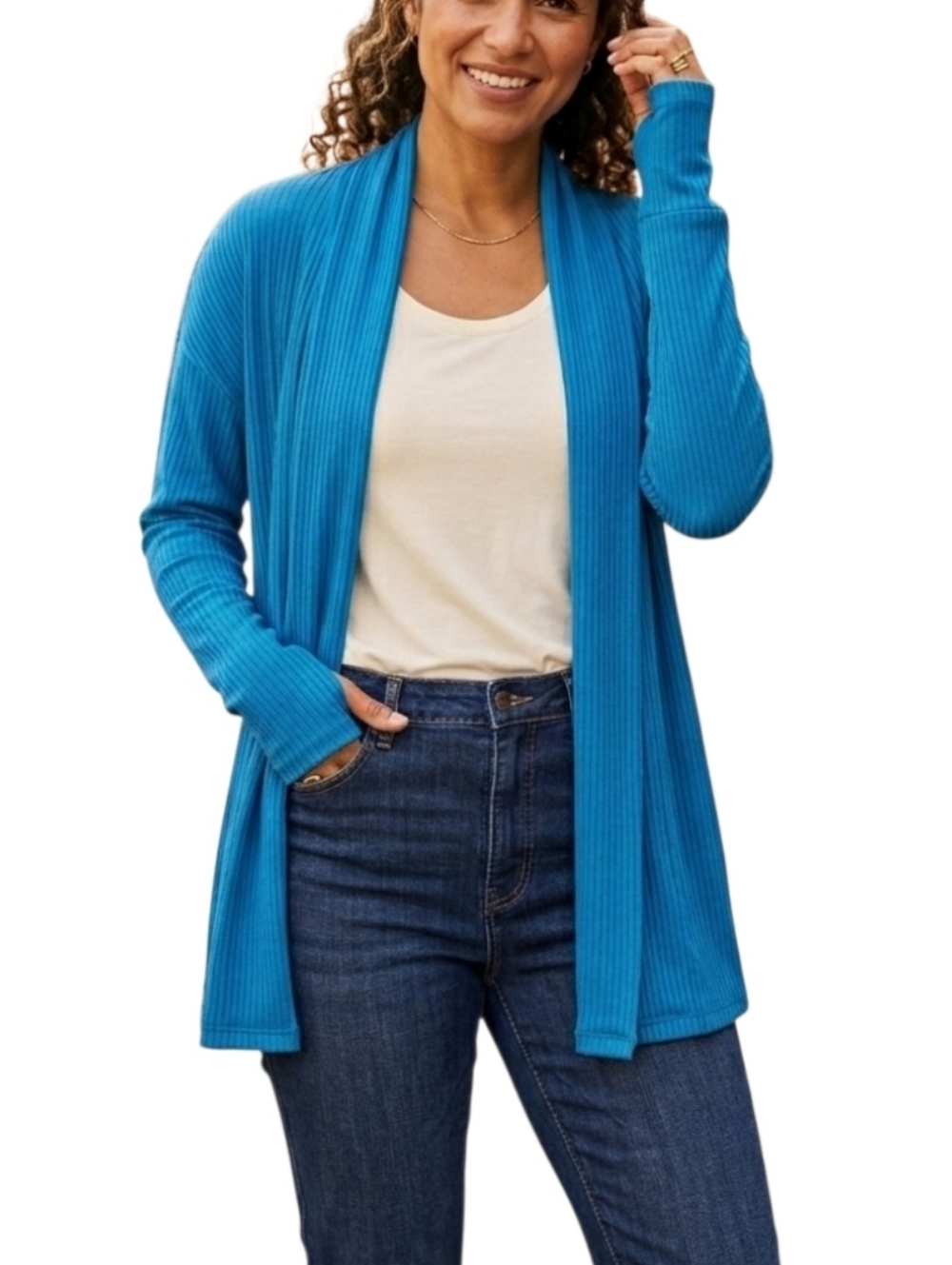 Cuddl Duds Open Front Ribbed Cardigan Womens Size Medium Blue Soft Lightweight